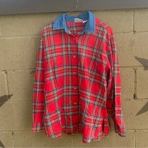 Susan Bristol Casuals long sleeve plaid button down shirt denim collar L as is